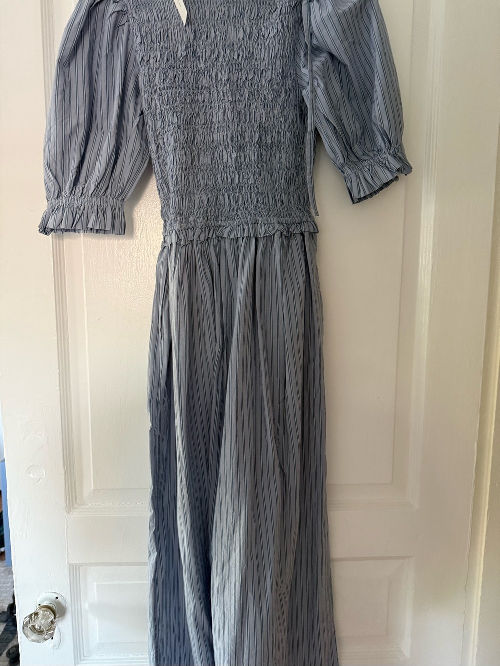Damson madder Smocked Puff-Sleeve Maxi Dress in Soft Blue Stripe